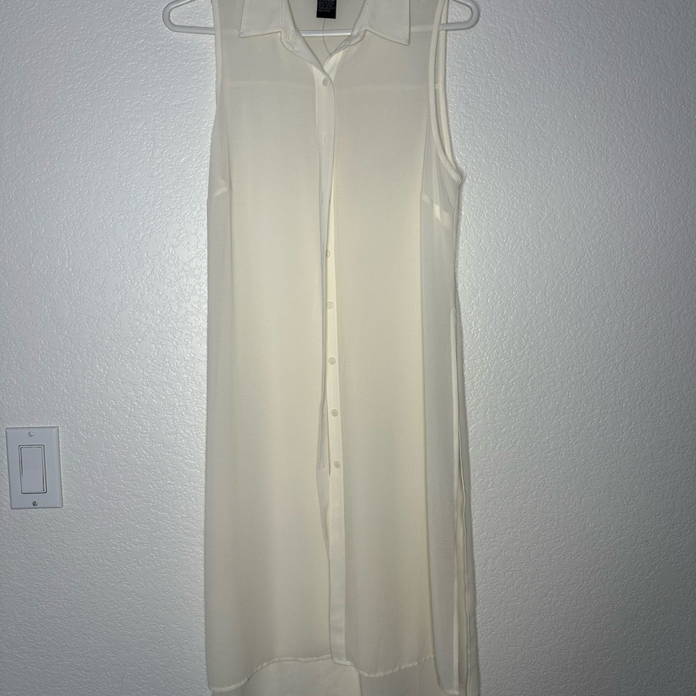 Sleeveless Cream Button-Down sheer shirt dress